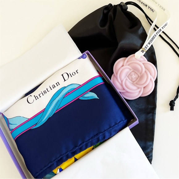 DIOR Silk Scarf Floral Print 34" x 34" Blue White - Picture 14 of 14